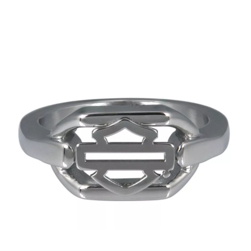 Harley Davidson Silver Outline Bar & Shield Curblink Ring, Size 10